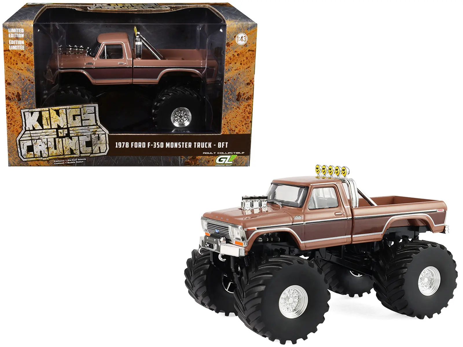 1978 Ford F-350 Monster Truck with 66-Inch Tires "BFT" Brown Two-Tone "Kings of Crunch" 1/43 Diecast Model Car by Greenlight