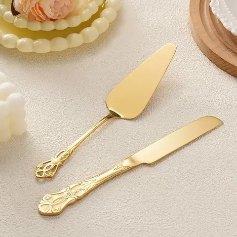 Stainless Steel Cheese Bread Kitchen Cutting Knife Set, Kitchenware 2pcs Carved Royal Court Baking Utensils for Pizza Cake Pie Bread, Restaurant Wedding Birthday Gift, Stainless Steel Cooking Knives