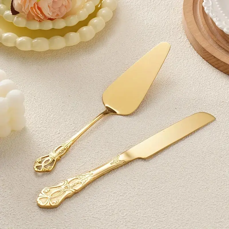 Stainless Steel Cheese Bread Kitchen Cutting Knife Set, Kitchenware 2pcs Carved Royal Court Baking Utensils for Pizza Cake Pie Bread, Restaurant Wedding Birthday Gift, Stainless Steel Cooking Knives