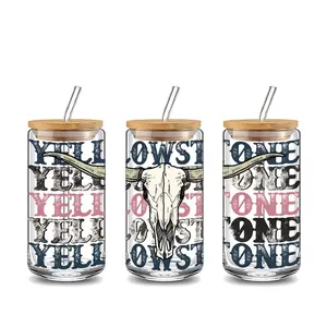 Vintage Cow Skull Western Design 16oz covered straw glass drinking cup, reusable glass drinking cup, high-quality glass jar design, suitable for iced coffee, beer, juice, milk, cold drink glass cups, fashionable glassware.
