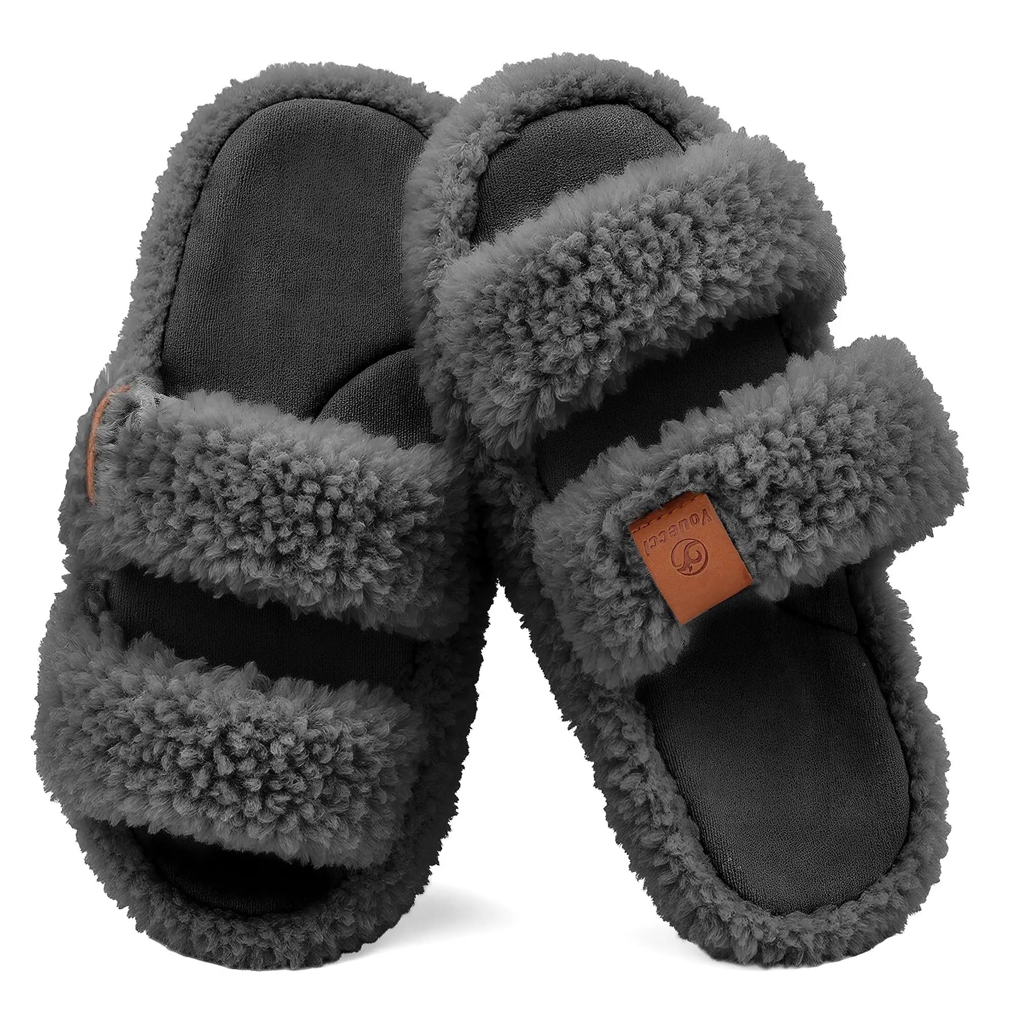 Unisex Classic Slide Slippers, Fuzzy Open-Toe Fur House Shoes with Arch Support and Non-Slip Rubber Sole for Indoor/Outdoor Wear, Footwear, Shoe, Memory Foam, Slip On