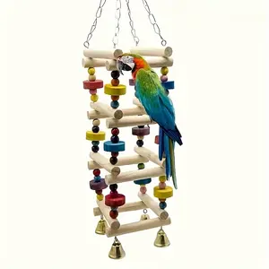 Wooden Parrot Swing Toy with Bells, Colorful Bird Play Gym, Hanging Bird Perch, Pet Bird Accessories, Random Bell Style & Color, Hanging Chain Included