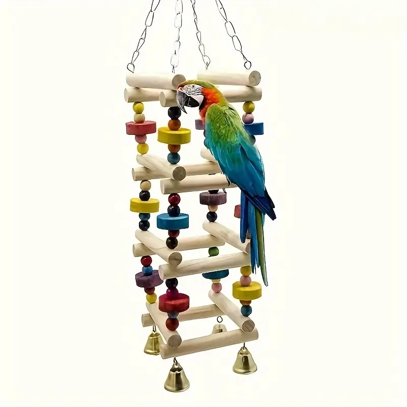 Wooden Parrot Swing Toy with Bells, Colorful Bird Play Gym, Hanging Bird Perch, Bird Perches for Cage, Pet Bird Accessories, Random Bell Style & Color, Hanging Chain Included