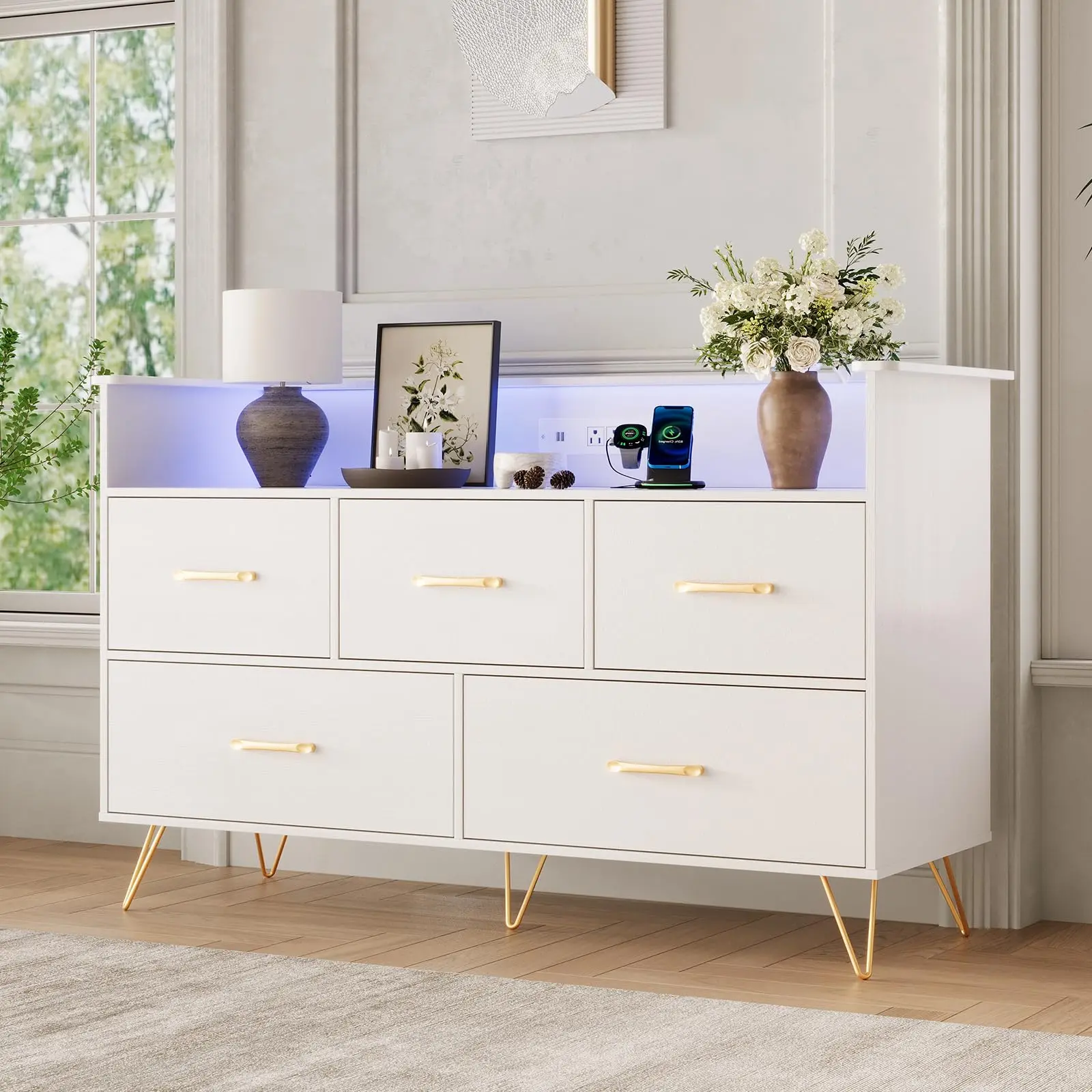 Garvee 5 Drawer Dresser with LED Lights & Charging Station Compact Wooden Chest of Drawers Lighted Bedroom Dresser Closet Storage Cabinet for Living Room or Apartment in White Pink and Black