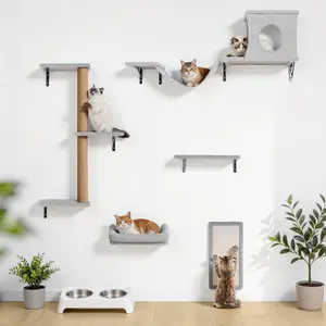 DOMIPET 5 in 1 Wall Furniture, Cat Wall Shelves Perches Set, Sleeping Playing Lounging Climbing Wall-mounted Cat Tree House for Multiple Cats, with Scratching Post, Tunnel, Bridge, Tree, Steps, Scratcher Board & Hammock, Indoor Cat Shelves for Luxury
