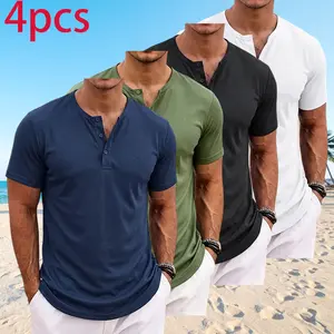 4-Pack Men’s Casual Henley Shirts, Short Sleeve, Button Placket, Breathable Fabric — Ideal for Beach Vacations and Everyday Wear Plain Shortsleeve Tropical Wetsuit Menswear Vneck Top,summervibes