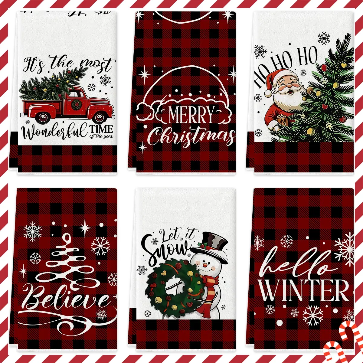 4/6Pcs Christmas Kitchen Towels Set, Red Buffalo Plaid Printed Absorbent Tea Towels & Hand Dish Towels, Santa Claus, Red Truck, Snowman, Christmas Tree Pattern, Festive Xmas Ornaments Suitable for Kitchen, Toilet, Bathroom Home Decoration