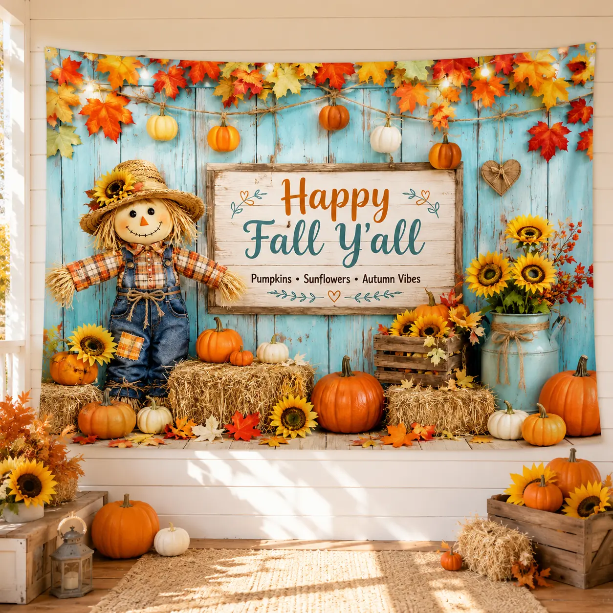 Fall Tapestry Wall Hanging, Hello Fall Pumpkin Sunflower Farmhouse Wall Decor, Autumn Harvest Fabric Backdrop for Living Room Bedroom Porch Party Decoration