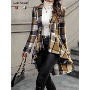 Women's classic plaid button-down coat, mid-length, slim fit, cascading design to accentuate the waistline. Suitable for everyday wear in autumn and winter. Women's Clothing