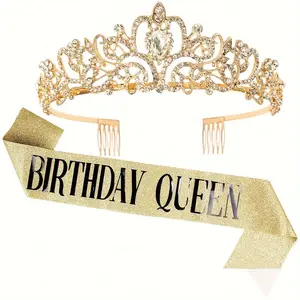 1set Birthday Queen Belt and Crystal Crown Set, /silver Color Birthday Wishes Crown, Girl's Birthday Party Decor Set, Gift Set