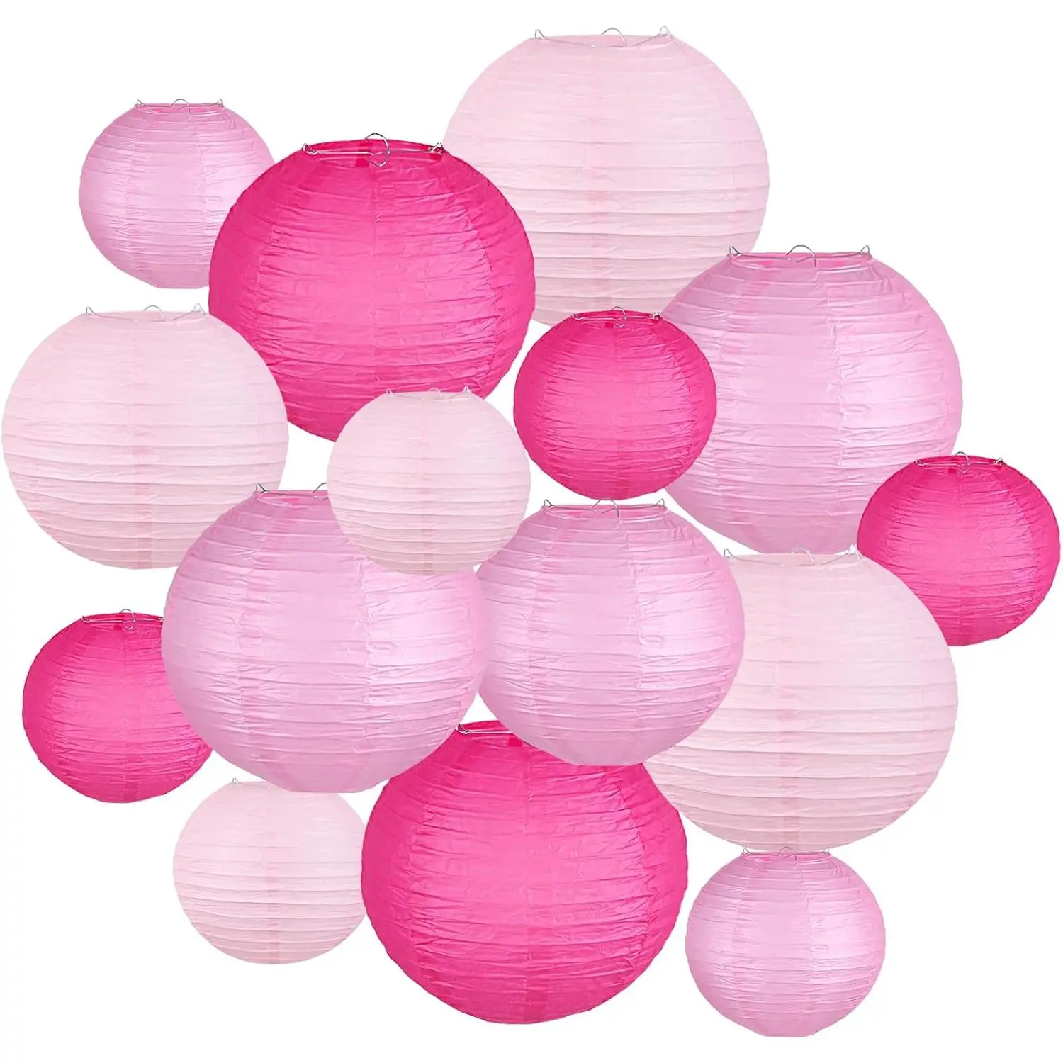 15 Pcs Pink Paper Lanterns - 6 8 10 Inch Rose Red Light Pink Gradient Hanging Decor for Mother's Day, Flamingo Party, Girl's Birthday, Wedding, Baby & Brid
