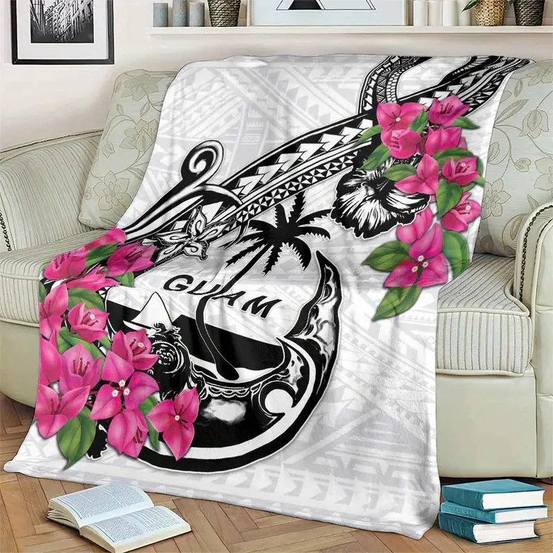 Cozy Guam Chamorro Tribe Printed Fleece Blanket - Soft Synthetic Blend Polyester Throw with White Polynesian Pattern, Tropical Geometric Motifs for Sofa, Bedroom Decor, Printed Fleece Blankets, Synthetic Blend Blankets