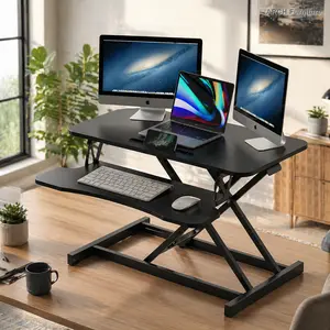 32-Inch Sit/Stand Height-Adjustable Desk Converter, 31.5x15.7in Wide Surface Metal Frame Computer Stand, Dual Monitor Setup Office Furniture with Wide Keyboard Tray (Black)