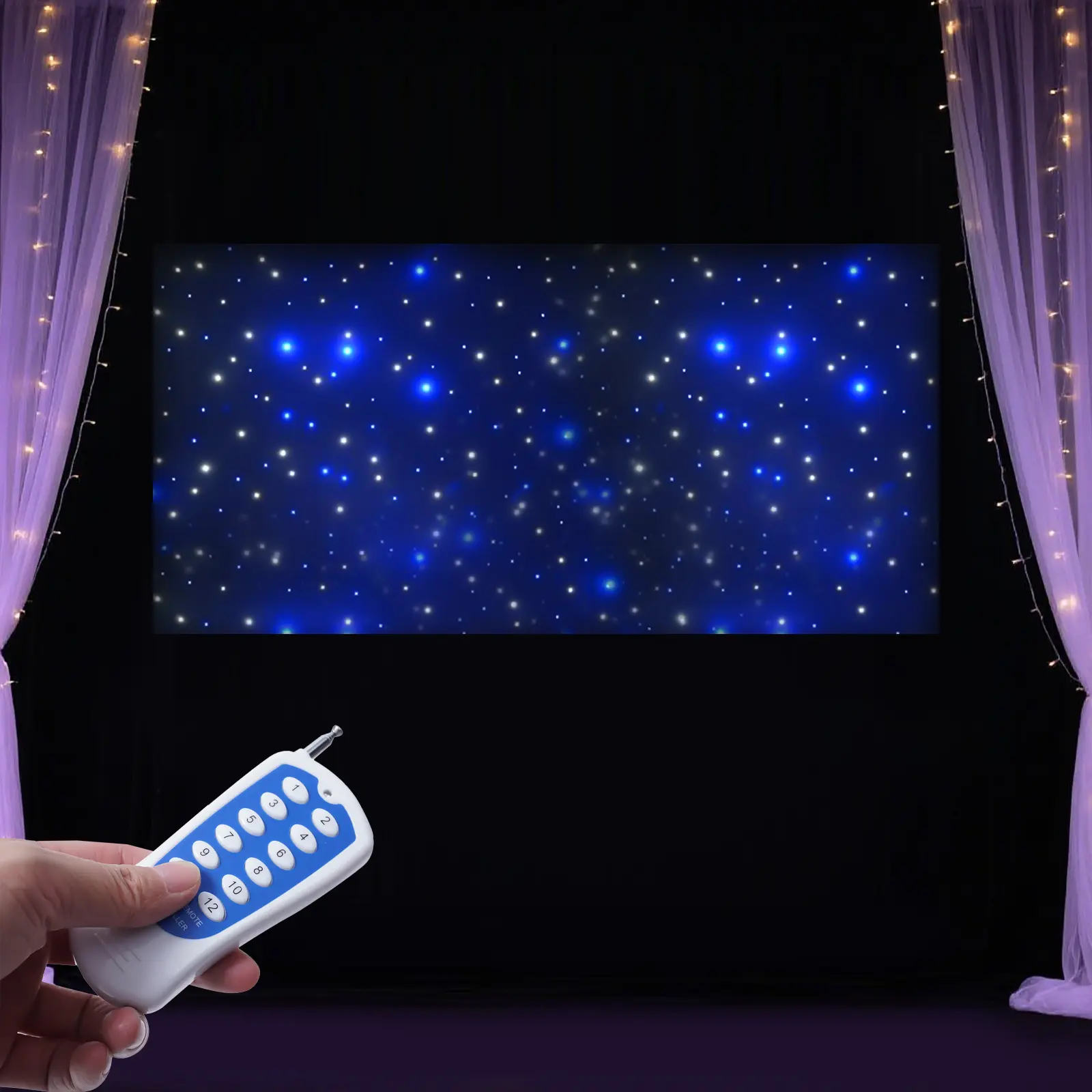 LED Star Curtain Backdrop, 6x3m Black Velvet Stage Light Curtain with 360 LEDs, White & Blue Light, DMX512 & Remote Control, 110V US Plug for Stage, KTV, Nightclub, Photography Background