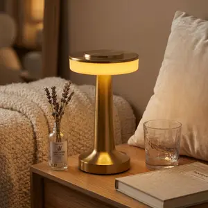 Aesthetic Modern Gold Cordless Table Lamp, 2-Piece Set Option, Touch Sensor 3-Color Dimmable, Rechargeable Battery, Stepless Brightness Adjustment, Portable LED Light for Bedroom, Camping, Ideal Housewarming Gift