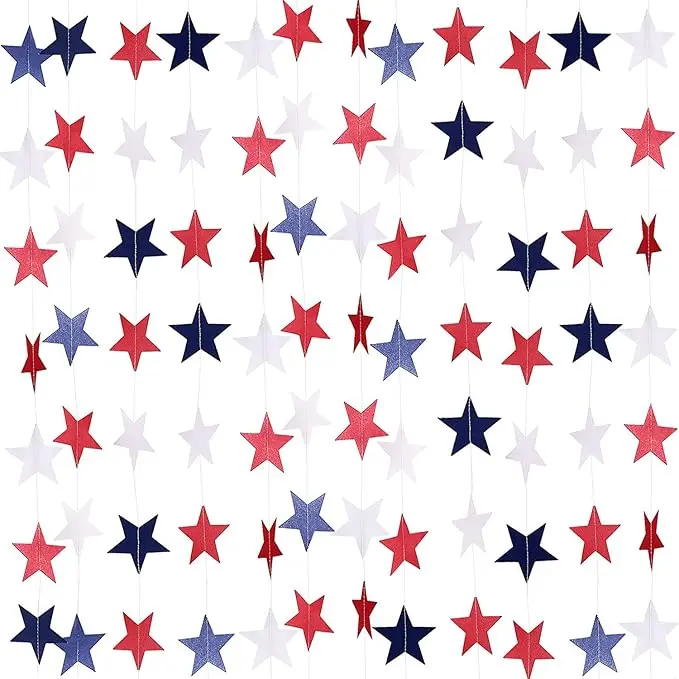 8 Strands Patriotic Star Streamers Banner Garland for 4th of July BBQ, Memorial Day, Veterans Day Party, Independence Day Celebration, Labor Day， Holiday Decorations, Red White Blue