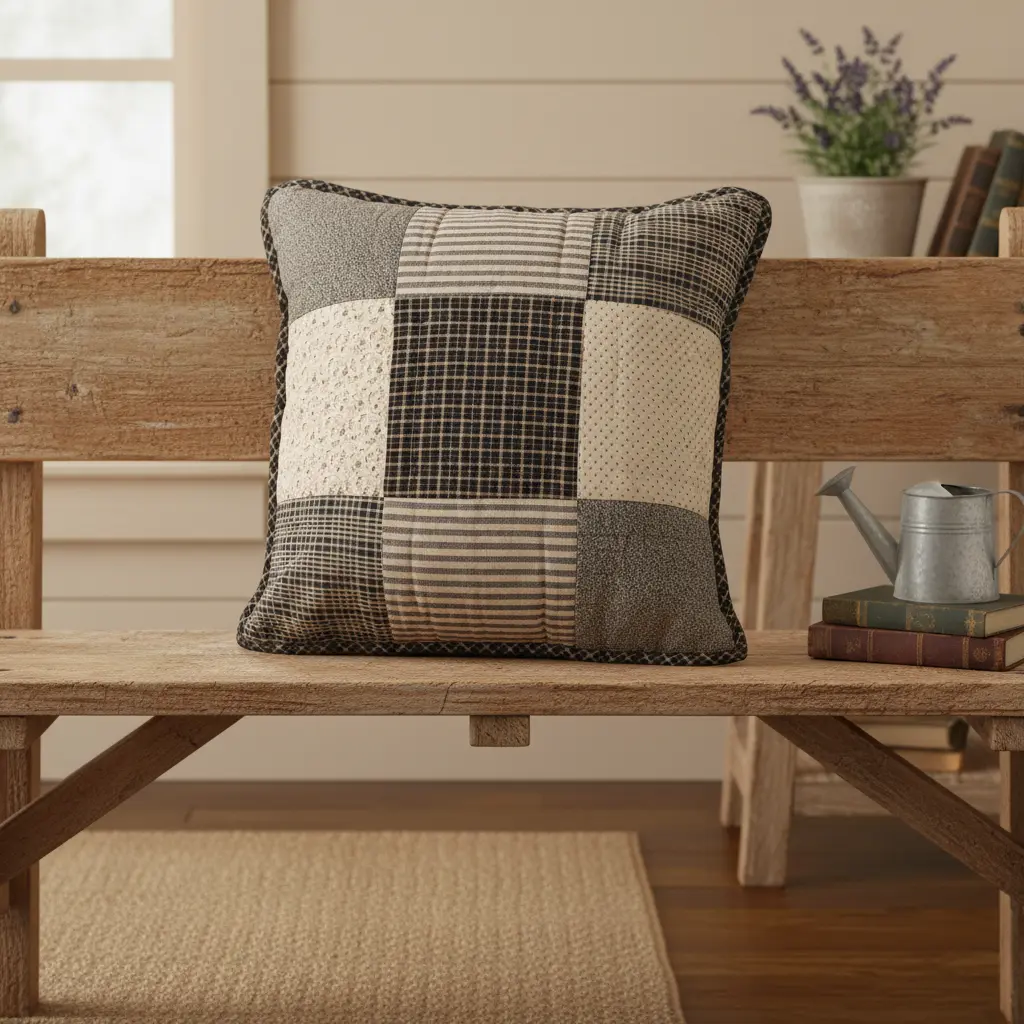 Kettlehurst Cotton Shell Quilted Patchwork Pillow - Hand-Quilted Block Design, Country Black Decorative Pillow for Bedding, Machine Washable, Machine Wash