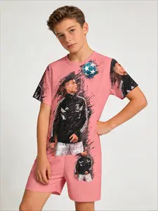 Kids 2 Piece Outfits Boys Summer Short Sleeve T Shirt + Shorts Set Cristiano Ronaldo Juventus Pink Sketch Print Football Fan Kids Clothing Casual Sport Wear for School Daily Football Match & Fan Gathering