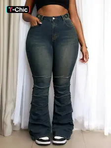 Plus size Women’s High Waisted Flared Leg Denim Jeans – Slim Fit Fitted with Zipper Detail, Casual Jeans for Spring & Fall
