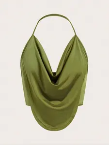 Women's Olive Satin Halter Top, Sexy Backless Short Tank Top, Sleeveless Slim-Fitting Plain Design, Casual Summer Fashion