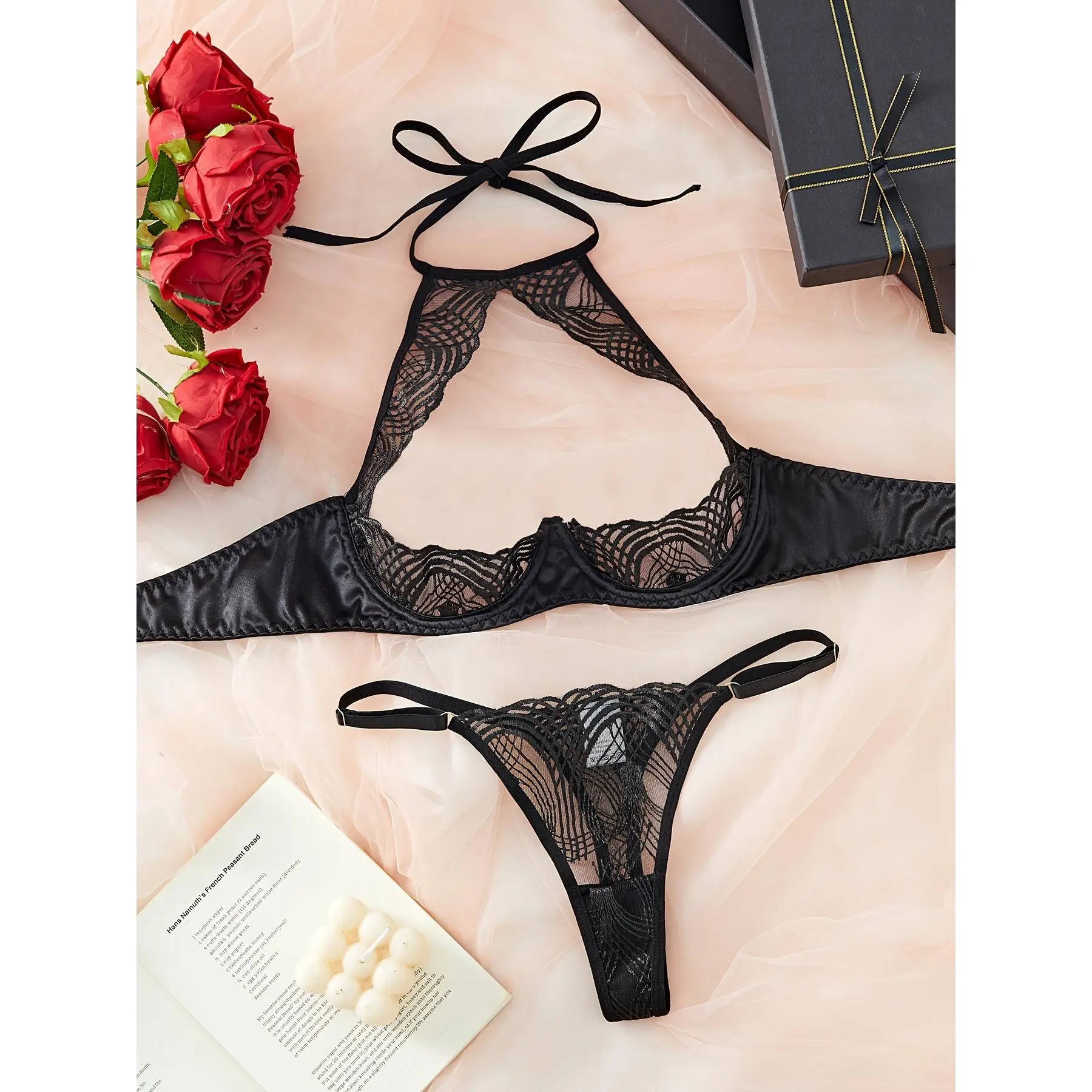 2-piece sexy lingerie sets for women exotic xxx matching set Embroidery  Black Silk Half Cup