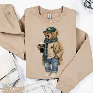 Lucky Teddy Bear with Irish Guinness St Patricks Day Sweatshirt, Preppy Irish Guinness Beer Lover Crewneck, Plaid Shamrock Bear Pub Crawl Sweater, Trendy Teddy Bear Gift,