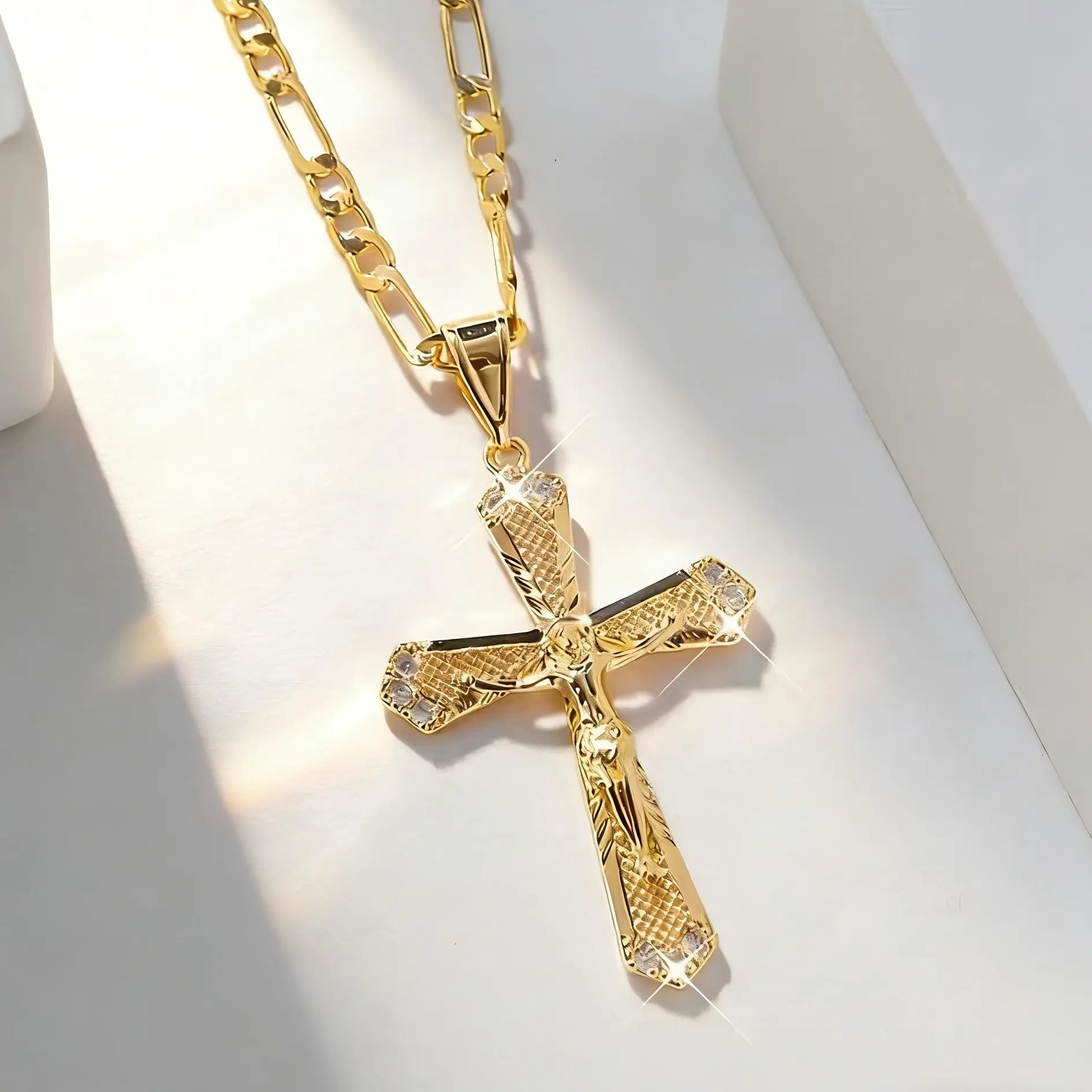 Unisex Elegant 14 Karat Gold Plated Jesus Christ Cross Pendant Necklace - Spiritual Jewelry Religious Medallion, Durable for Daily Wear, Christmas Faith Gift