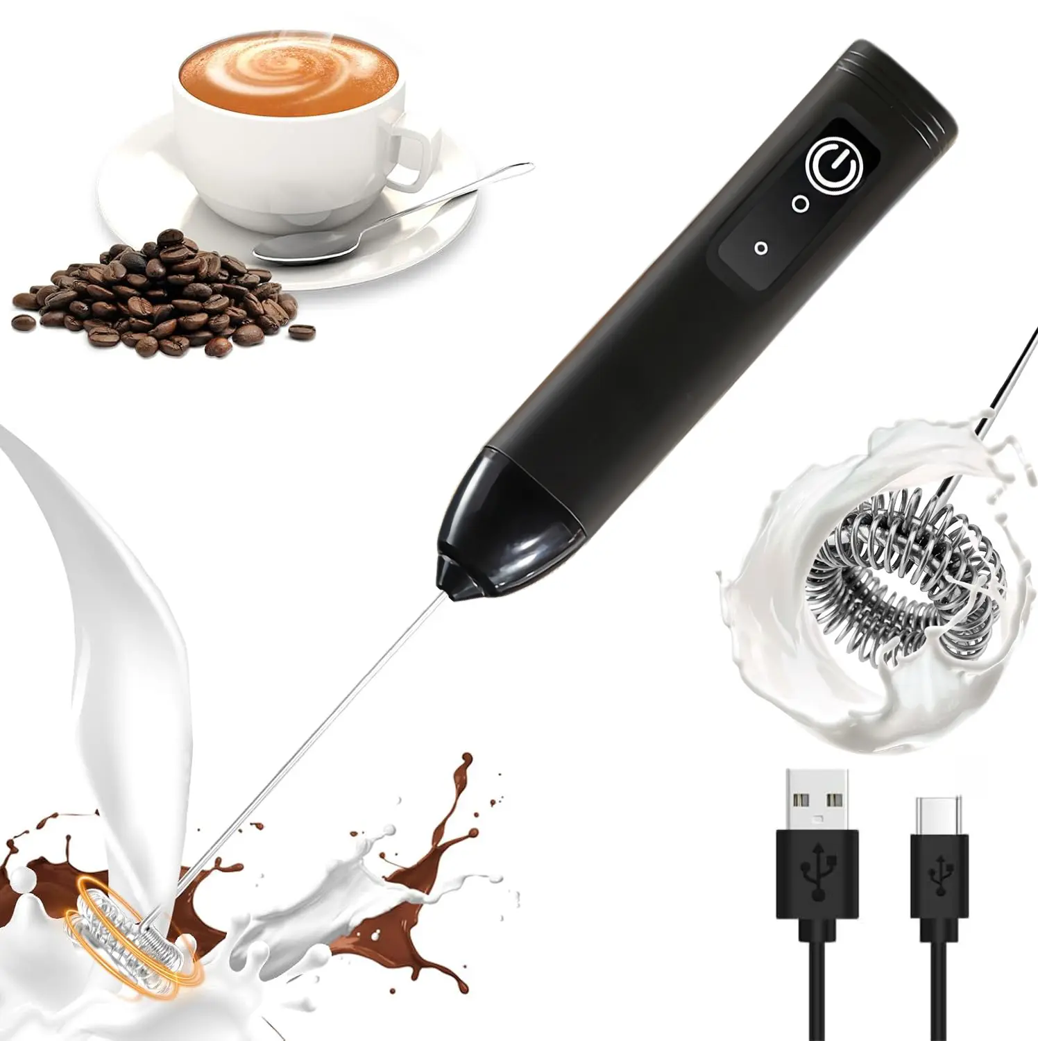 304 Stainless Steel Handheld Milk Frother Wand - Compact, USB-C USB Charging Dual-Use Portable Mixer, Electric Whisk for Home/Office Coffee, Lattes, Hot Chocolate