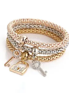 Women's Elegant Rhinestone Decor Lock & Key Charm Bracelets, 3pcs/set Trendy Exquisite Bangle Bracelets, Chic All-match Vintage Jewelry As Gift for Girlfriend, Rhinestone Decor Bangles