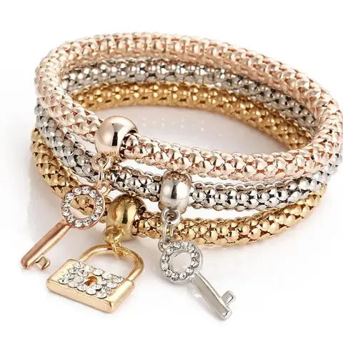 Women's Elegant Rhinestone Decor Lock & Key Charm Bracelet Sets, 3pcs/set Trendy Exquisite Bangle Bracelets, Chic All-match Vintage Jewelry As Gift for Girlfriend, Rhinestone Decor Bangles