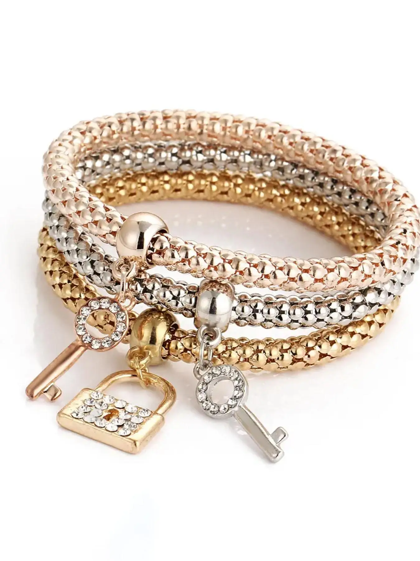 Women's Elegant Rhinestone Decor Lock & Key Charm Bracelets, 3pcs/set Trendy Exquisite Bangle Bracelets, Chic All-match Vintage Jewelry As Gift for Gi