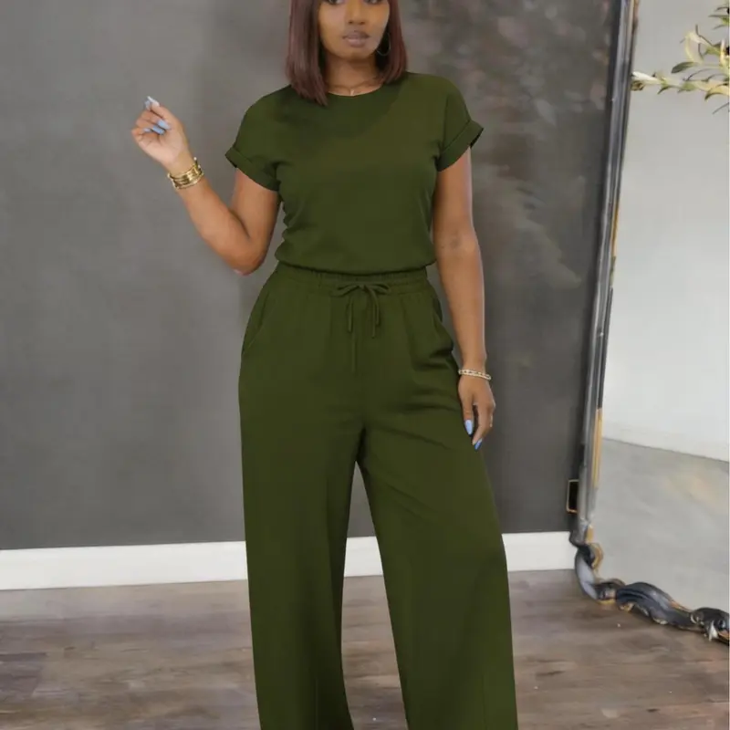 Women's 2026 Spring Two Piece Set Short Sleeve Relaxed Top & High Waist Pants Casual Lounge Outfit