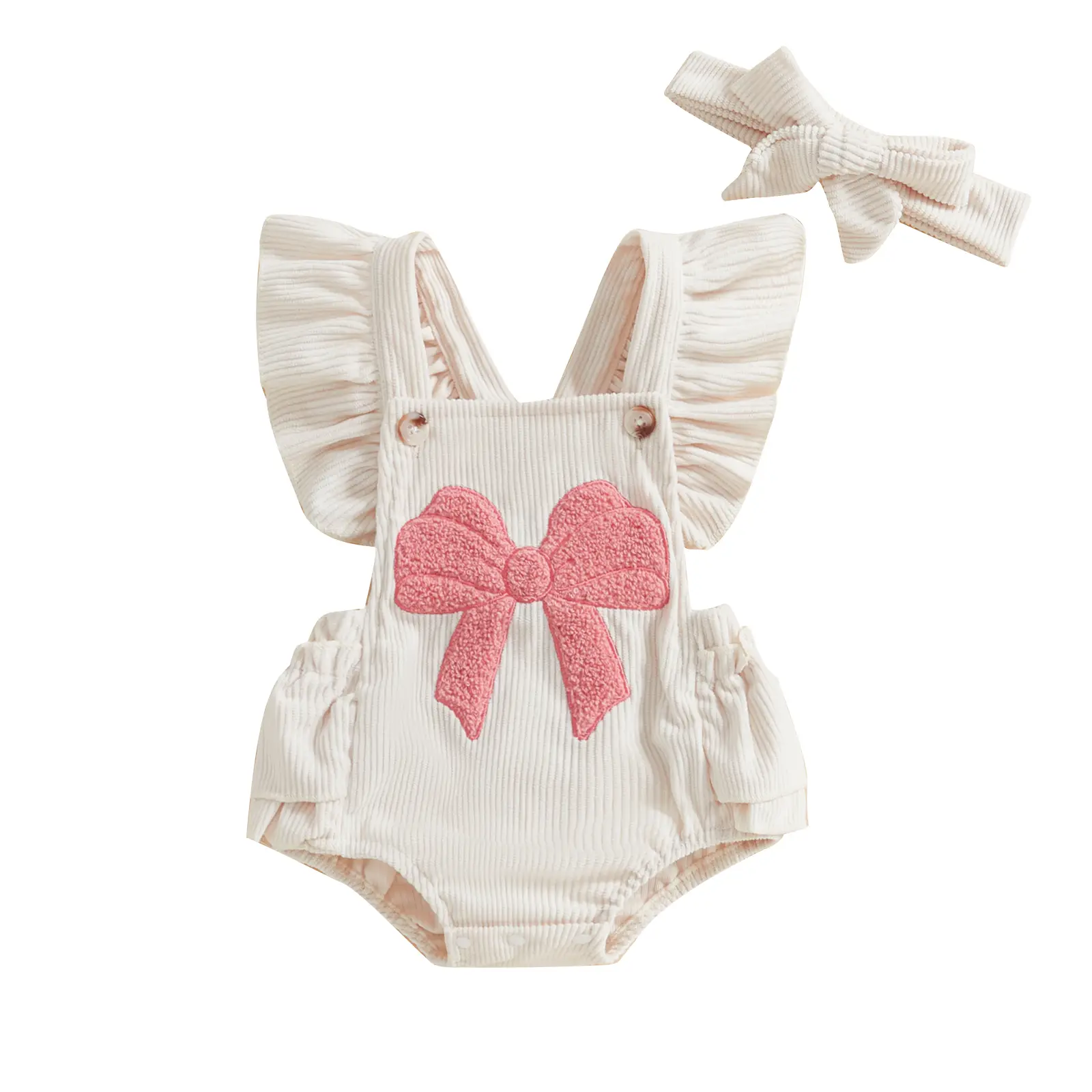 Newborn Baby Girl Valentines Day Overalls Romper Cute Bow Embroidery Ruffle Sleeve Backless Jumpsuit Boho Bodysuit with Headband #Springtok