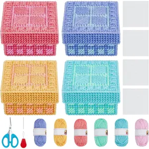 4 Set Plastic Canvas Box Kit Plastic Canvas Kit for Beginners Mesh Canvas Sheets and 6 Colors Yarn for Embroidery Crafting Knitting Projects