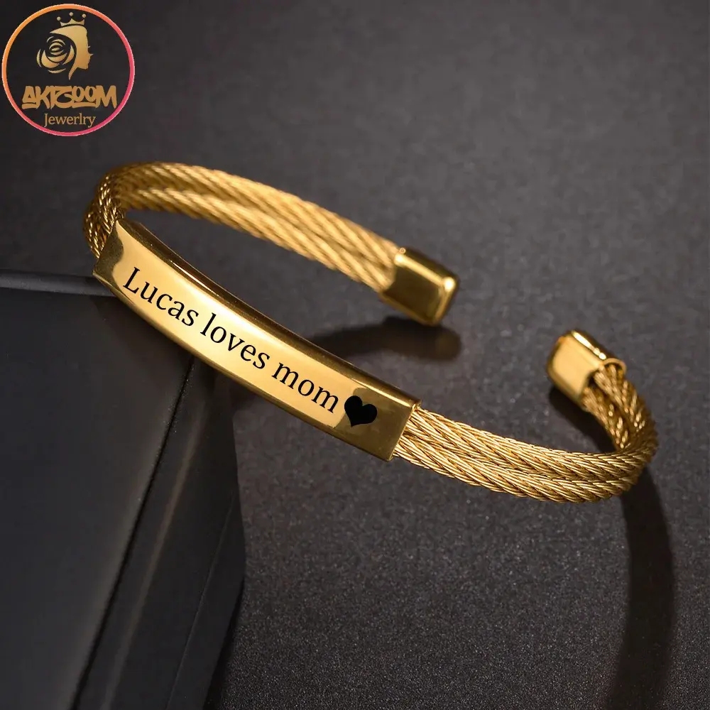 AKIZOOM Personalized Cuff Bracelet - Engrave Name Date Customized Heart Star Open Bangle Stainless Steel Jewelry Gift for Women