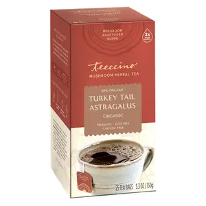 Teeccino Turkey Tail Astragalus Organic Herbal Tea - 85% Organic, Prebiotic, Acid-Free, Caffeine-Free, 25 Tea Bags, 5.3 oz - Beverage