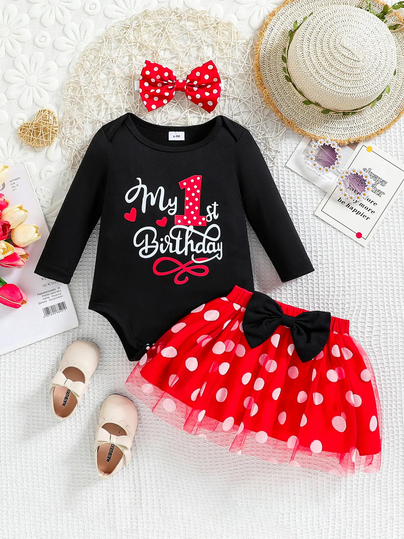 Baby girl black long sleeved letter printed bag fart jacket with red background white dot polka dot yarn skirt, same style headband baby clothes