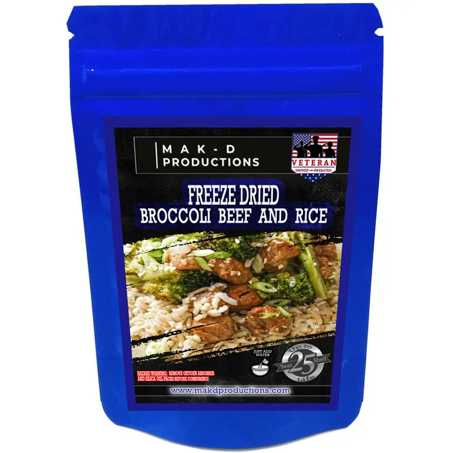 MAK D Productions - Freeze Dried Meal  - Beef - Rice - Beef Steak Broccoli and Rice - Gourmet Recipes by a Sullivan University (Louisville, Kentucky) Culinary Chef Graduate - NEVER BLAND TASTING - MADE IN THE USA