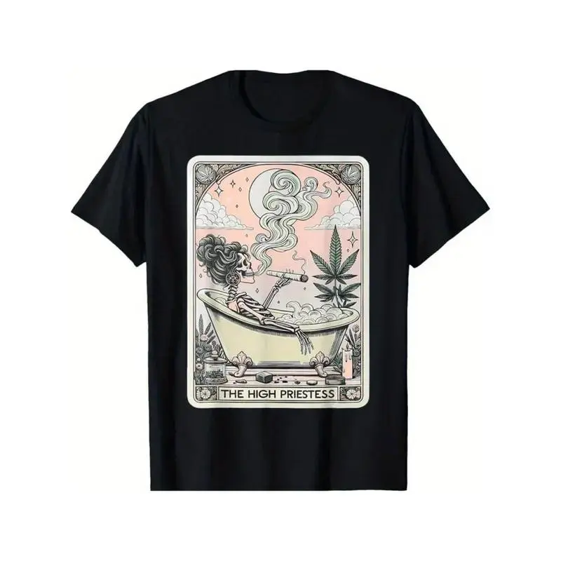 Men's & Women's Round Neck Tarot Card The High Priestess Mystic Humorous Skeleton T-Shirt, Relaxed Fit, All Seasons, Easy Wear, Standard Sizes, Quick Delivery