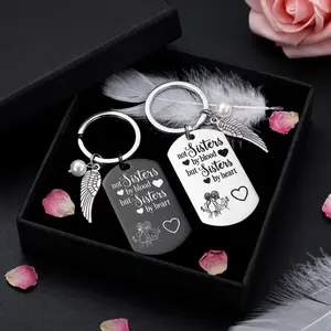 Not Sisters by Blood but Sisters by Heart BFF Keychain Set Angel Wing & Pearl Charm Black & Silver Engraved Dog Tag Best Friend Gift for Women Soul Sister Bestie Bridesmaid Gift Box Included daughter
