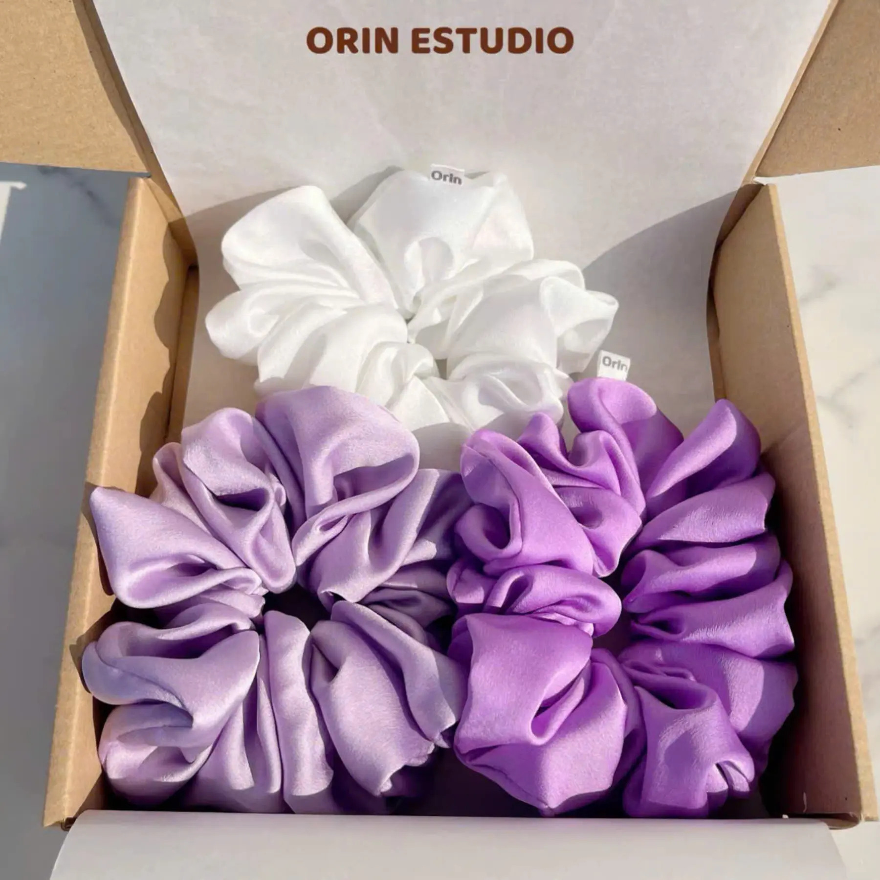 3Pcs Satin Silk Scrunchies, White Lavender Purple Hair Ties, Soft Satin Elastic Hair Bands, Luxury Hair Accessories for Women Girls Everyday Elegant Style
