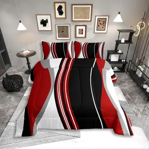 Red and Black Striped Bedding Set for Adult Women Men,Grey Modern Abstract Comforter Set,Geometric Stripes Lines Quilt Duvet Set
