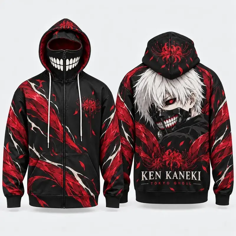 Black Red Anime Graphic Zip Up Hoodie, All Over Print Full Zip Jacket with Integrated Face Mask, Dark Japanese Anime Inspired Sweatshirt, Unisex Cosplay Streetwear