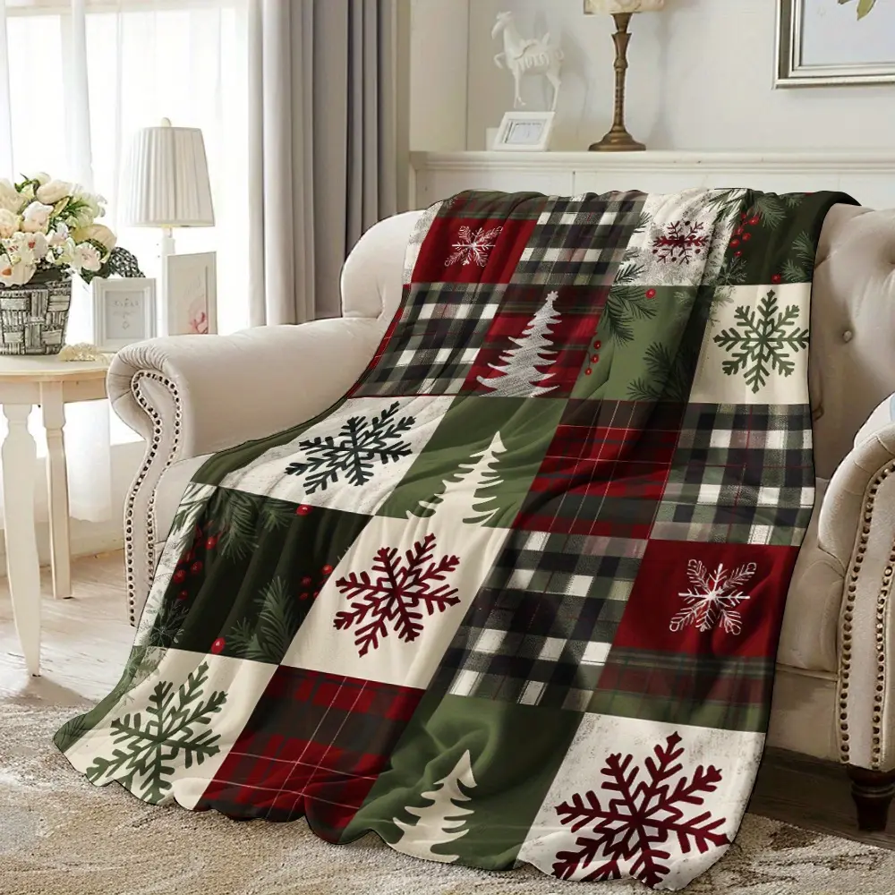 Cozy Christmas Blanket with Vintage Red Buffalo Check & Snowflake Design - Soft, Warm Flannel Throw for Naps, Camping, Travel, and Home Decor - Perfect Holiday Gift