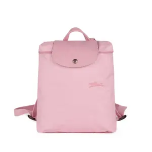 Longchamp Le Pliage Green 26 Foldable Backpack with Snap Closure and Leather Trim for Women in Rose Pink