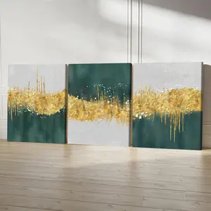 3Pcs Wooden Framed Canvas Painting, 11.8*15.7inch*3 Gold And Green Abstract Wave Images, Exquisite Poster, Home Decoration, Pattern Wall Art Decor, For Living Room, Bedroom, Office, Restaurant, Bar Wall Decor, Waterproof, Odorless, Painting, Print Artwork