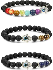 3pcs Evil Eye Bracelet Lava Stone Beads Essential Oil Diffuser Bracelet for Men Women