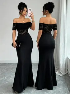 Women's Black Off-Shoulder Lace Mesh Mermaid Maxi Dress, Short Sleeve Sheer Lace Fitted Formal Evening Gown Formal Wear, Bodycon Cocktail Party Dress Chic, Perfect for banquets, dinner parties, anniversaries and dates