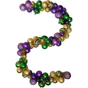 6 Ft Mardi Gras Garland with Purple Green Gold Glitter Balls, Carnival Bead Decor for Front Door, Mantel, Wall and Fireplace, Festive Fat Tuesday Indoor Outdoor Party Supplies