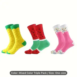 Trendy Socks Comfortable Breathable 3 Pair Novelty Ice Cream Watermelon Pineapple Patterned Cartoon Design Fabric 350g/m² Hand Wash or Dry Clean Cute Sock Mixed Color Triple Pack One-size